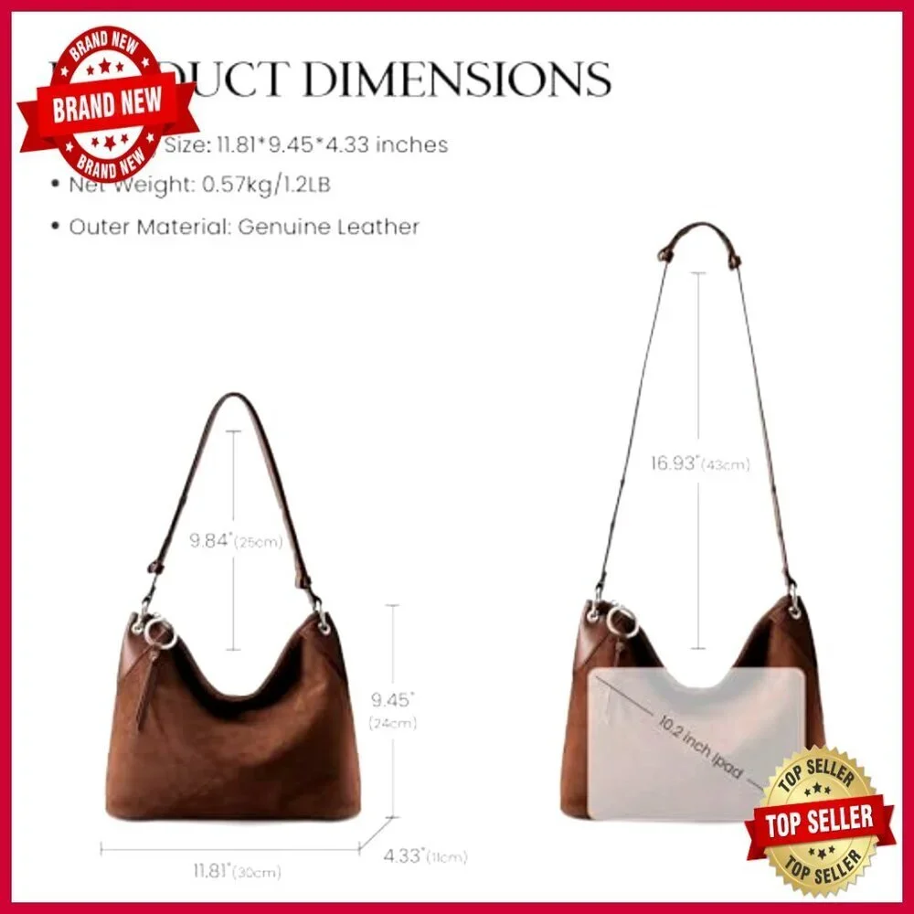 Genuine Leather Hobo Crossbody Bag with Adjustable Strap, Spacious